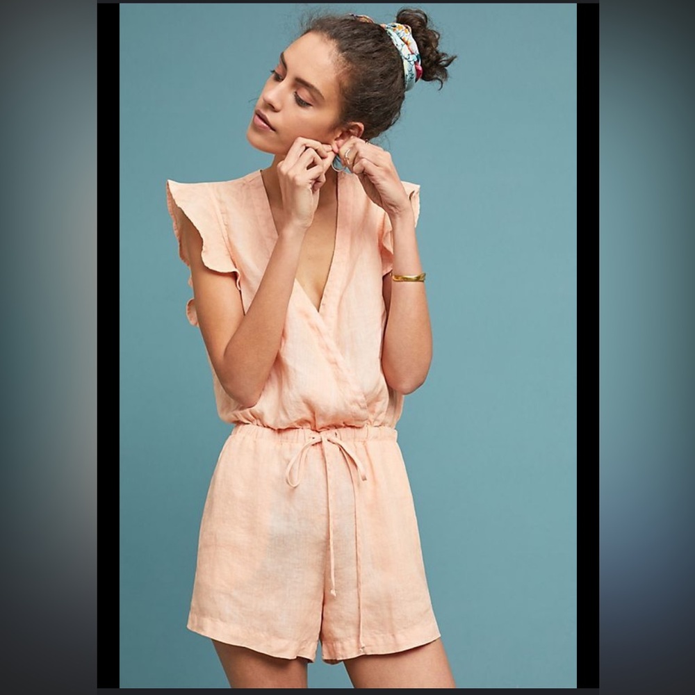 Anthropologie Cloth & Stone Peach Ruffle Sleeve Crossover Romper